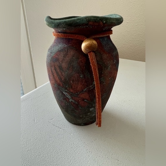 RAKU POTTERY VASE Handmade in Arizona 5" Tall | Leather Trim - Picture 3 of 9